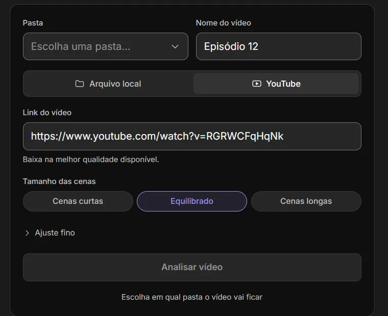 Tela de novo vídeo do ClipeFácil, com a aba YouTube aberta e um link colado no campo.